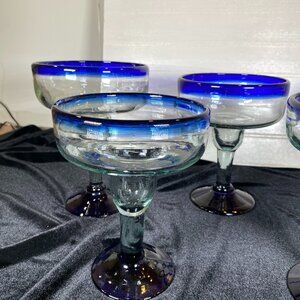 5 Hand-Blown Cobalt Blue Rimmed Mexican Margarita Glasses with Blue Rim - Sold T